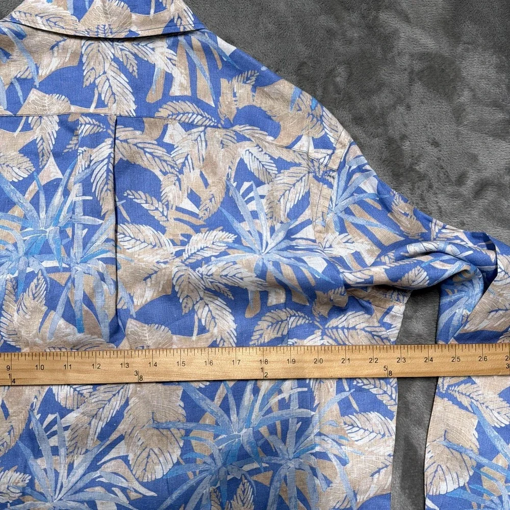J. McLaughlin‎ Shirt Mens Medium Blue 100% Linen Hawaiian Palm Print Long Sleeve